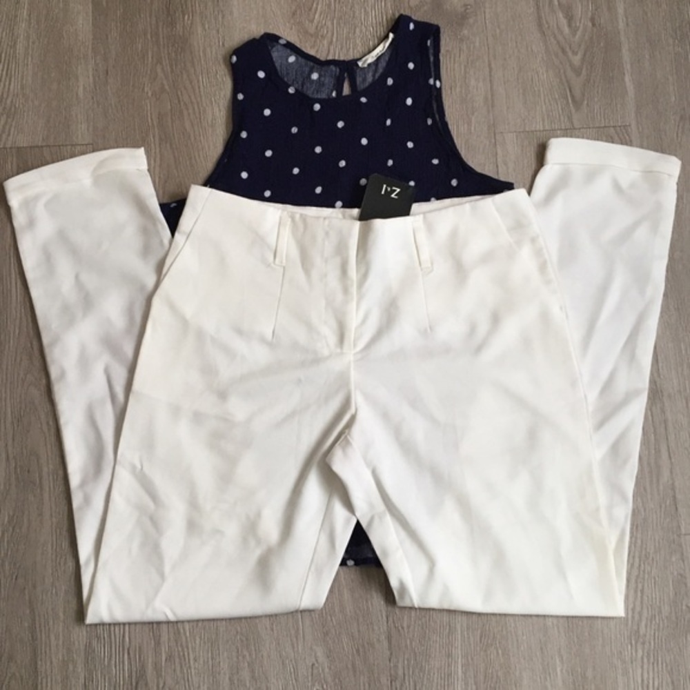 White Front Pleat Straight Leg Pants Cuffed New
